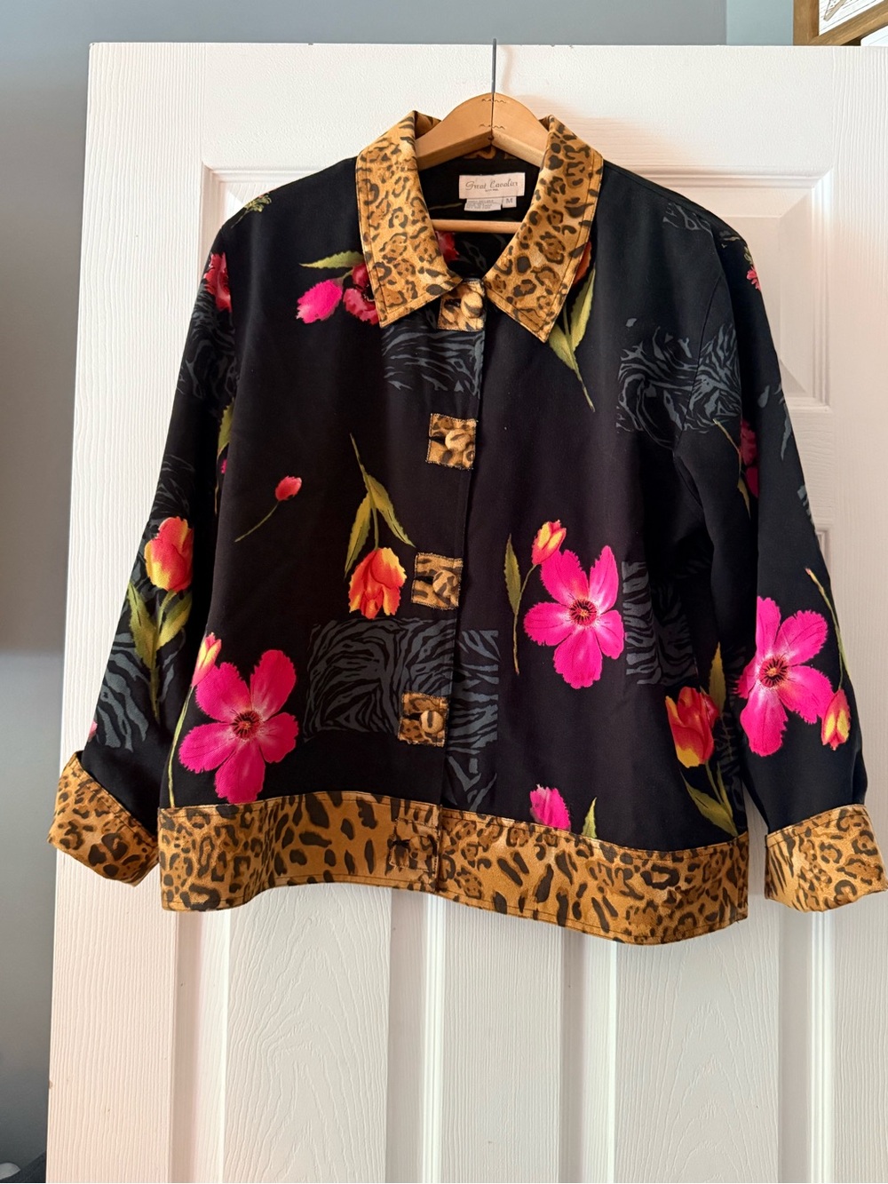 Great Cavalier Silk  Black Jacket with Pink Floral and Leopard Trim